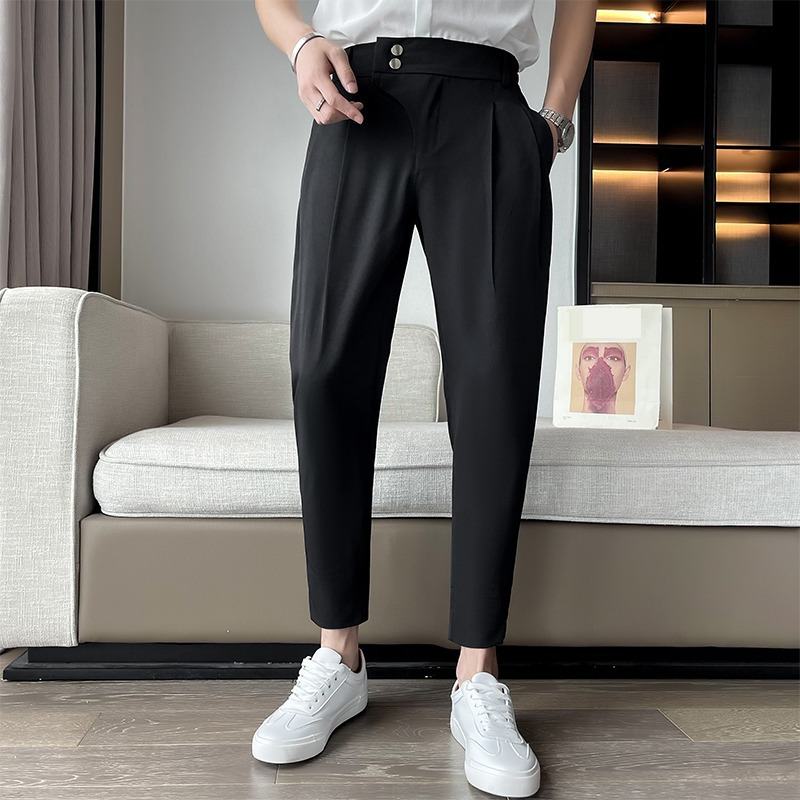 Men's Clothing Summer thin casual pants trendy nine point pants white pants men's handsome slim elastic ice silk trousers_voghion.com