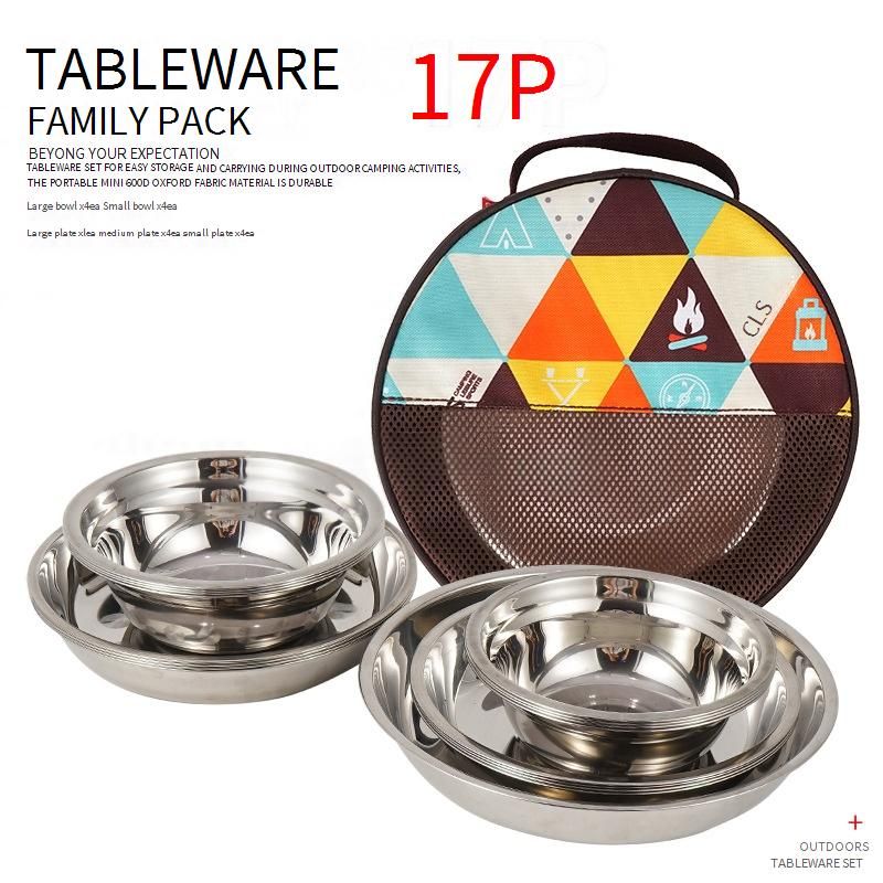 Outdoor Stainless Steel 17-Piece Dining Set - Camping Cookware With Grill Plate Soup Bowls & Plates Portable BBQ Utensils For Road Trips​​_voghion.com