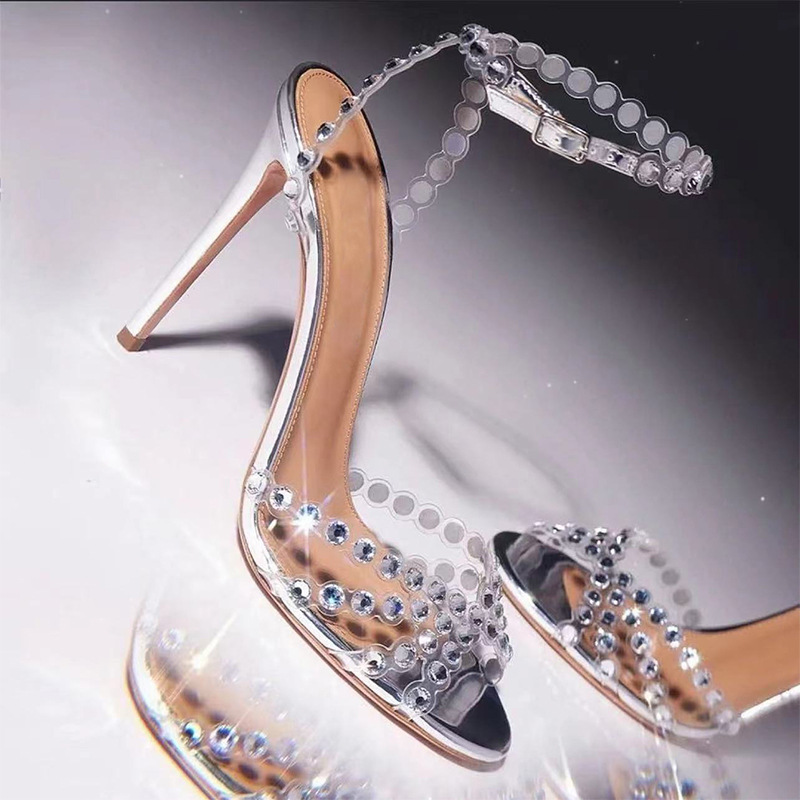 p9Factory direct supply cross-border elegant lady jelly diamond sandals stiletto round toe sier high heels_voghion.com