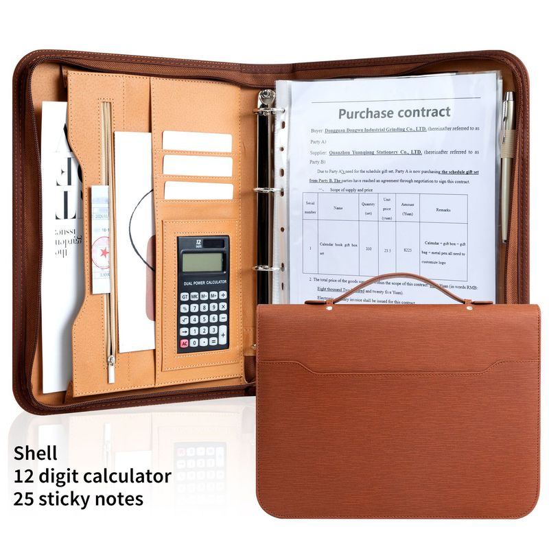 A4 leather business folder with calculator folder four hole binder multi function portable zipper manager folder_voghion.com