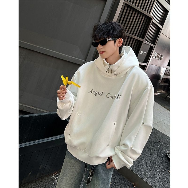 Fine Flash Niche Double-layer Collar Deconstructive Design With Plush Shoulder Pads Hooded Sweatshirt Loose Trendy Top_voghion.com
