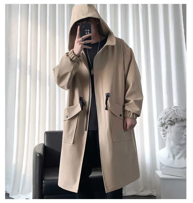 Men's Men'S Windbreaker Jacket Long Trench Oversize Loose Streetwear Hooded Vintage Black Coats High Street Casual Male_voghion.com