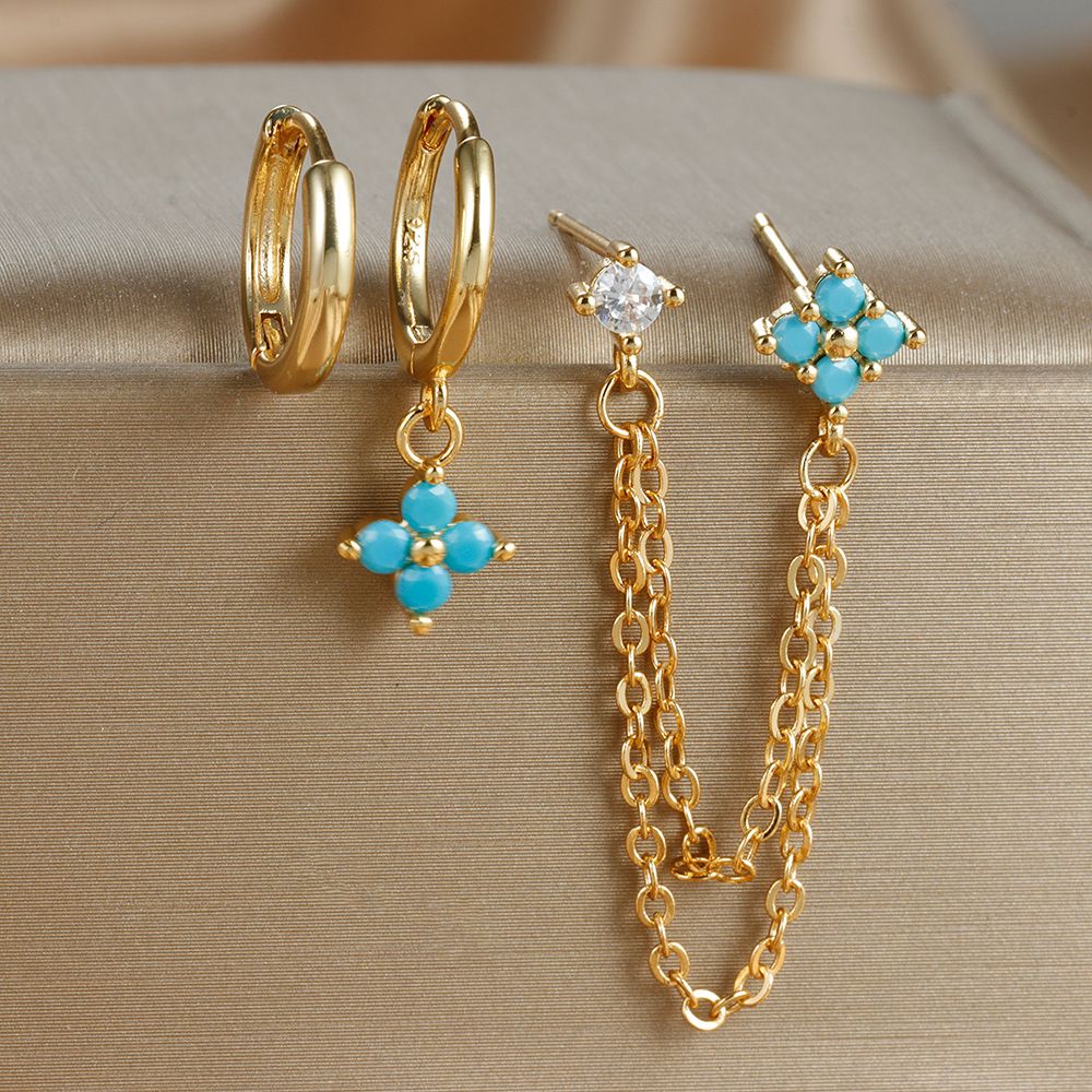 Orecchini da donna in tre pezzi unici, placcati in oro, con borchie a forma di nappa, micro pavé di zirconi_voghion.com