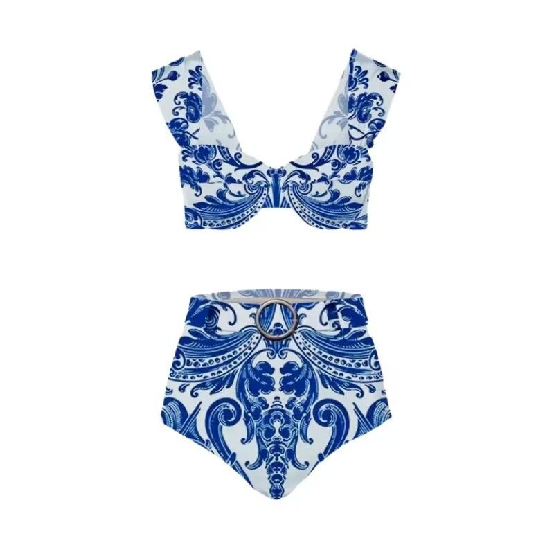  Women's  swimsuit blue and white porcelain printed three-piece swimsuit _voghion.com