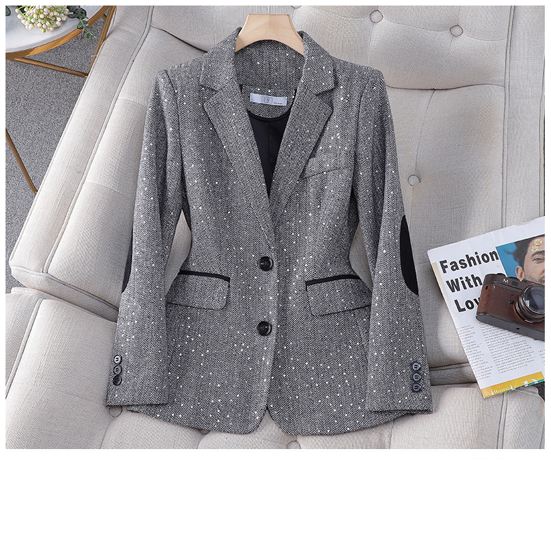 Damenbekleidung Paillettenbesetzter Frühlings- und Herbstjackenanzug für Damen mit Hahnentrittmuster, kleines Anzugoberteil für Damen, trendige Kontrastfarbe für Damen_voghion.com