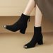 Cameido Women's metal square-toed high-heeled short boots, slim boots, suede stretch boots with fleece lining for winter 2024._voghion.com