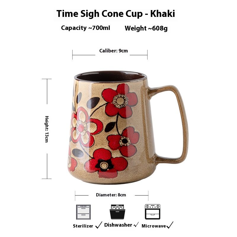 Taza de cerámica cónica Time Sigh - 700 ml, estilo chino (caqui/rojo, con tapa y cuchara, opción de caja de regalo)_voghion.com