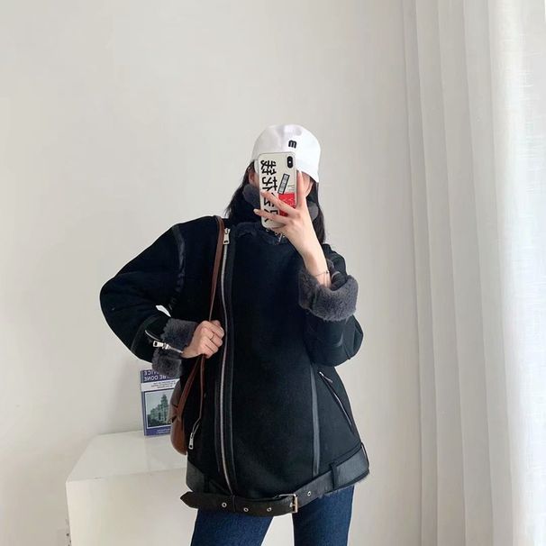 Veste de moto en daim à fourrure intégrée double face pour femme_voghion.com