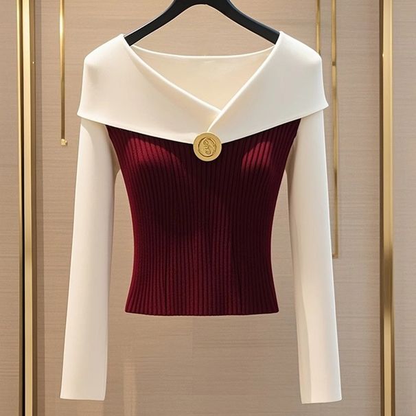 Îmbrăcăminte pentru femei, cu un umăr, populară, în culori contrastante roșii și albe, tricotată, cu design de înaltă calitate, pulover_voghion.com