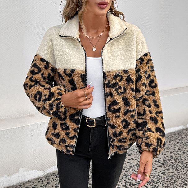 Women's Faux Fur Leopard Print Coat - Oversized Winter Jacket With Stand Collar For Bold Style (Beige, S-XL)_voghion.com