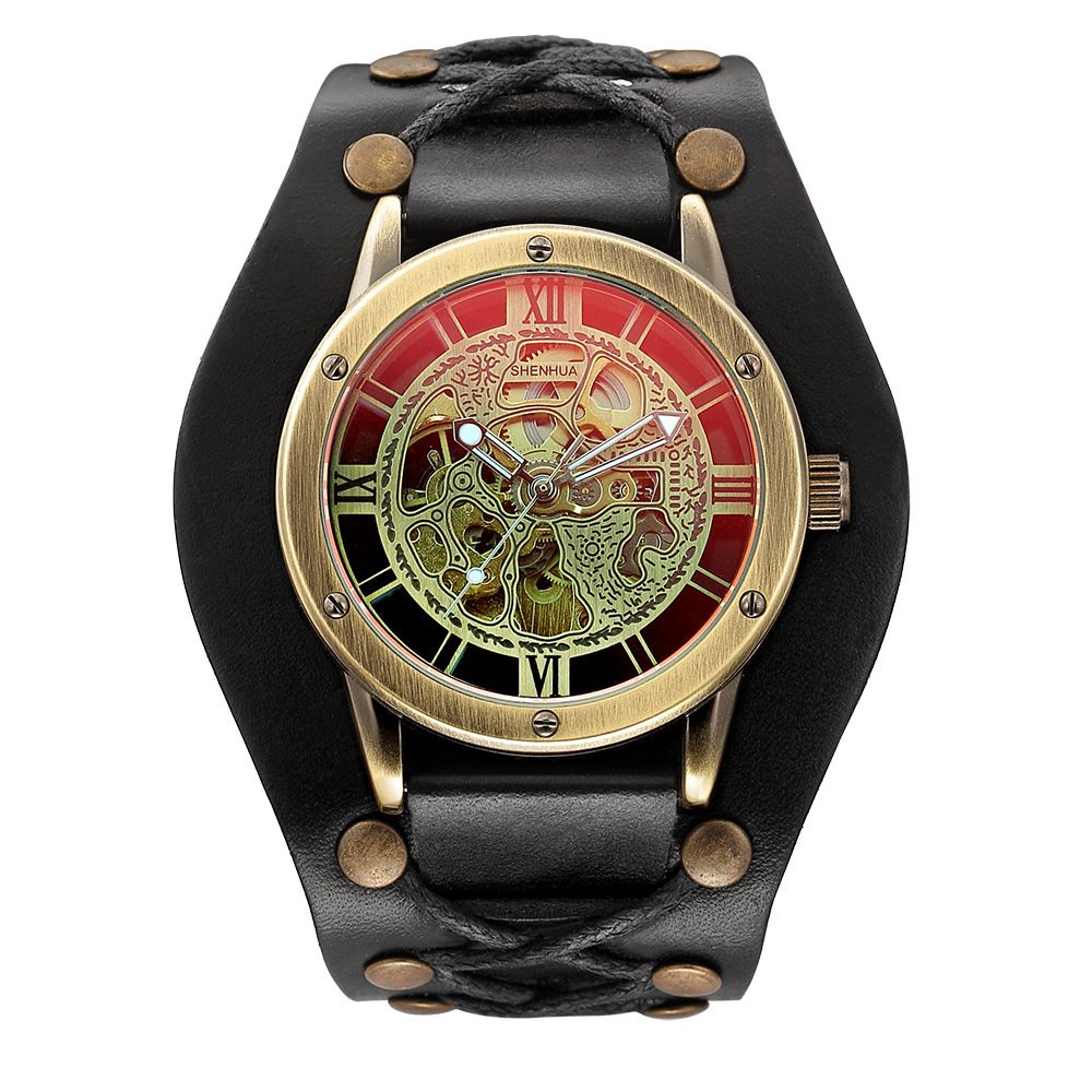 SHENHUA Men's Reflective Hollow Out Fully Automatic Mechanical Watch With Hidden Buckle, Retro Bronze Case, Student Watch_voghion.com