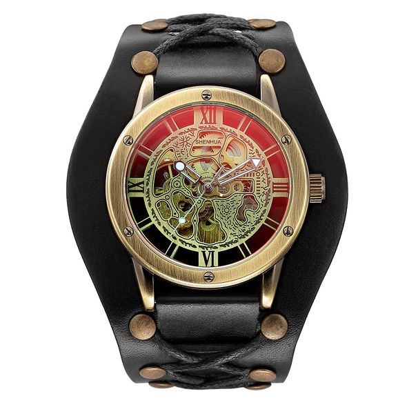 SHENHUA Men's Reflective Hollow Out Fully Automatic Mechanical Watch With Hidden Buckle, Retro Bronze Case, Student Watch_voghion.com