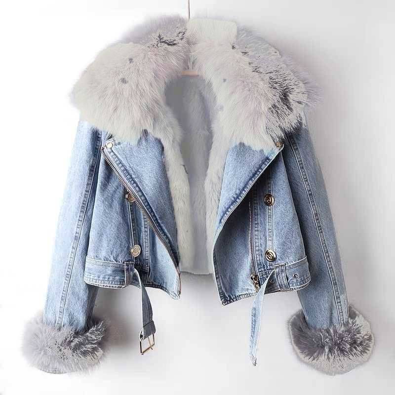 Dameskleding Herfst en Winter Nieuwe Uitneembare Vossenbont Konijnenbont Voering Spijkerjas Dames Kort Topje Feestjasje_voghion.com