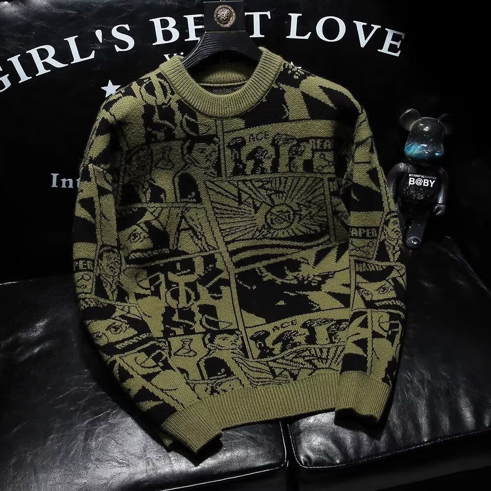 Pánský kreslený žakárový svetr, moderní značkový top s dlouhým rukávem a vnitřním topem, nový podzimní a zimní volný svetr 2024_voghion.com