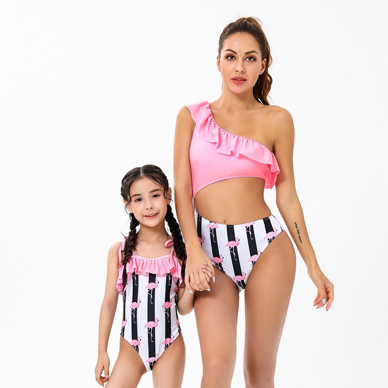 Mother & Kids parent-child swimsuit foreign trade printed flamingo one-piece bikini new ruffled bikini mother and daughter swimsuit_voghion.com