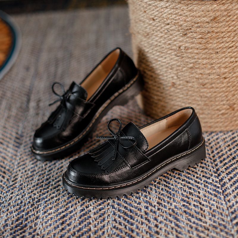 Scarpe da donna in stile retrò, con suola spessa e tacco grosso, in pelle, mocassini con fiocco e nappe, slip-on, comode e comode, con punta tonda._voghion.com