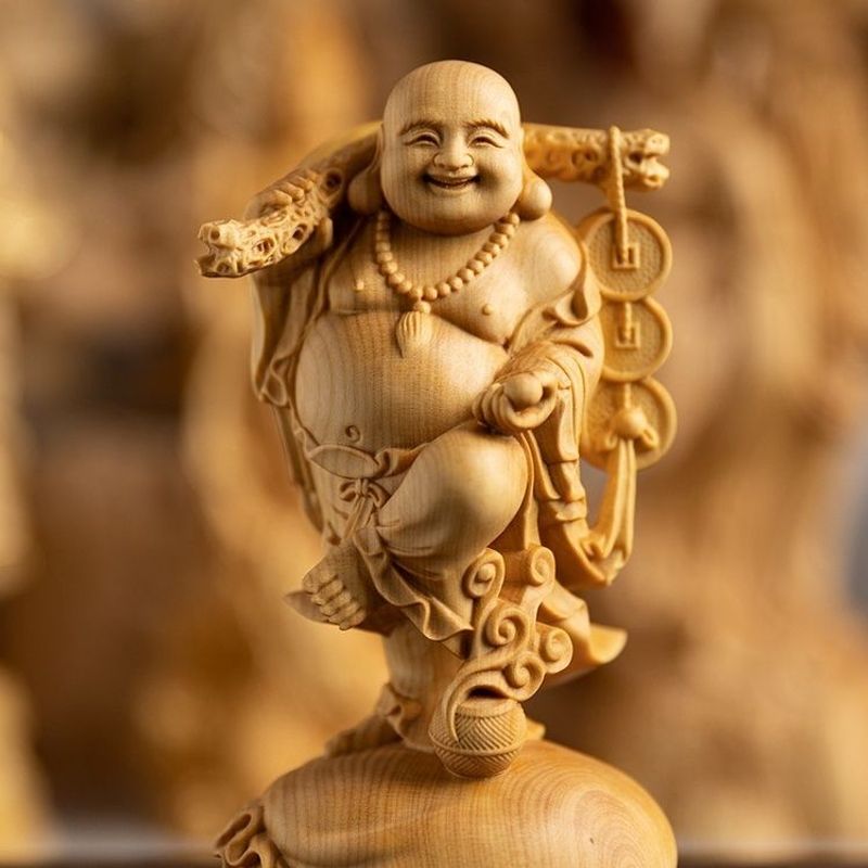 Boxwood Ornament Solid Wood Carving Craft Home Decoration Car Copper Coin Lucky Bag Maitreya Buddha Handheld Piece_voghion.com