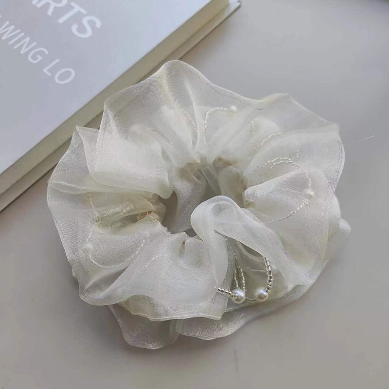 Korean New Organza Pearl Large Intestine Hair Band Internet Celebrity Knotted Double Mesh Temperament Hair Rope_voghion.com