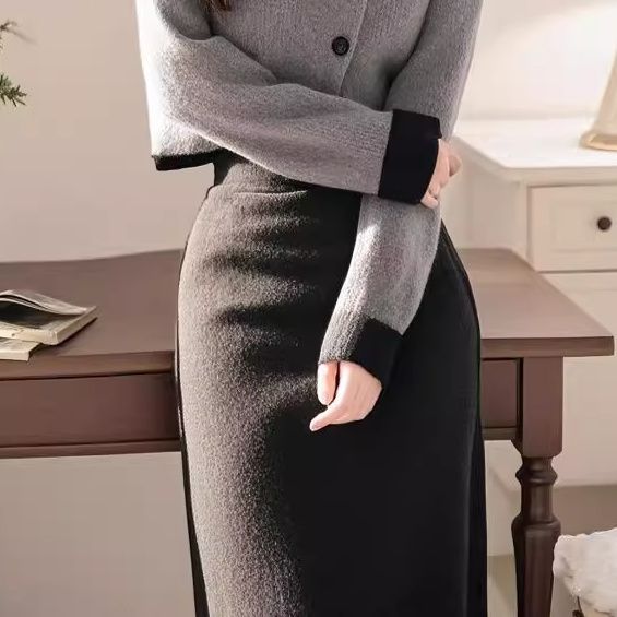 Korean Style Elegant Gray Cardigan Sweater Simple Mid-Length High-Waisted Skirt Autumn Winter Commuter Set_voghion.com