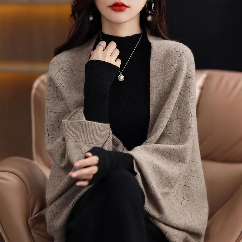 Vielseitiger Strickschal für Damen – Übergroßer Cardigan-Umhang mit offener Vorderseite in Unifarben für Herbst und Winter​​_voghion.com