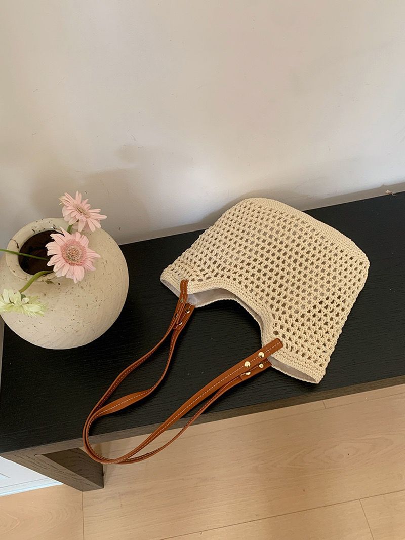 Damen-Tragetasche mit großer Kapazität, Strohgewebe-Textur, große Kapazität, für Strand, Freizeit, Reisen, Schultertasche_voghion.com