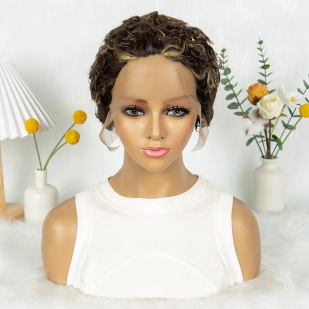 MALAIKA Kort lockigt spets peruk Pixie peruker för kvinnor present människohår 150% densitet klippt spets främre peruker Mänskligt hår 13x1 spets Kort lockigt spets främre peruker_voghion.com