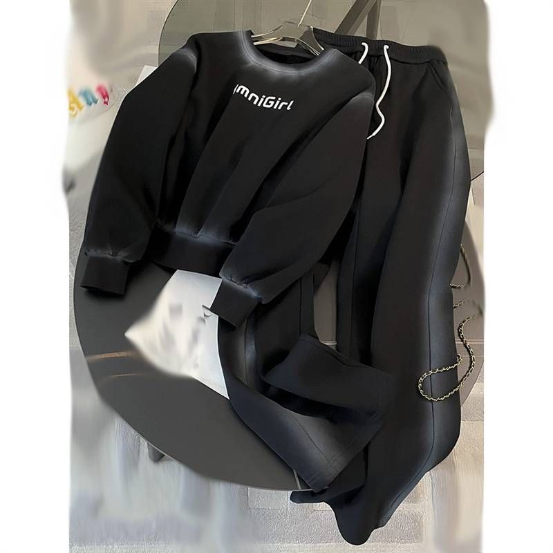 Women's Clothing Fashion Brand Casual Sports For Women Winter New Veet Thickened Letter Sweater Wide Leg Pants Two Piece_voghion.com