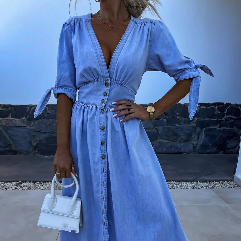 Abbigliamento da donna alla moda, sexy, scollo a V, abito lungo in denim con bottoni_voghion.com