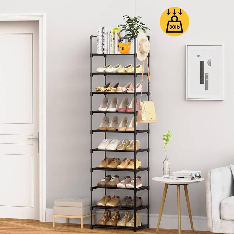 Wohnmöbel Einreihiges 10-lagiges Schuhregal-Lagerregal Stapelbarer Schuhschrank aus schwarzem Metall mit Haken_voghion.com