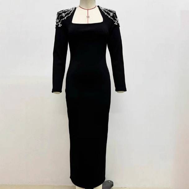 Robe élégante à manches longues et col carré – Robe bandage ornée de cristaux pour soirées et galas (S-L, noir)_voghion.com