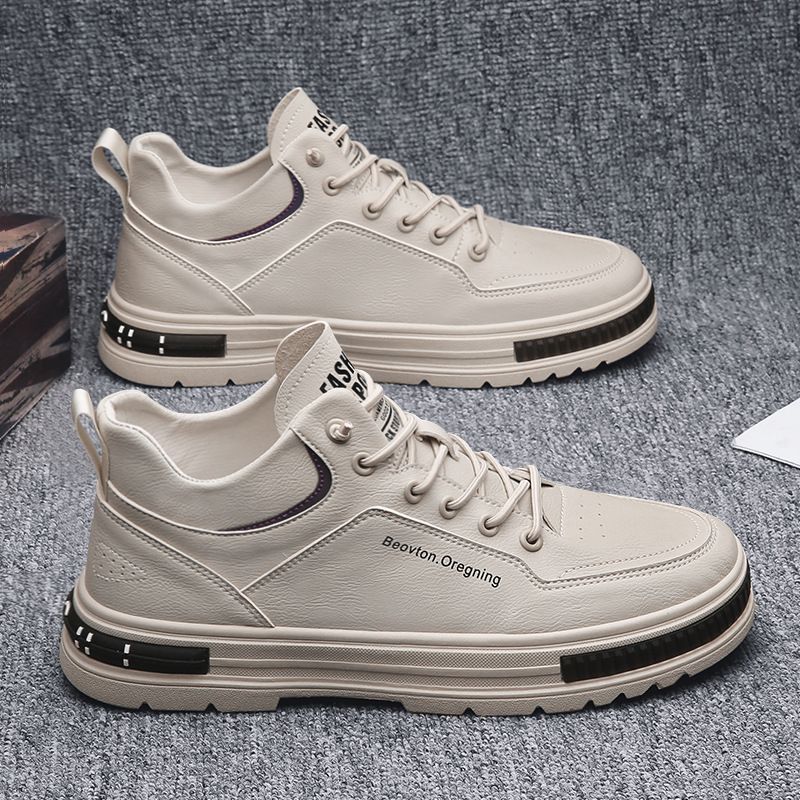 New men's casual slip-on leather shoes small white board high-top boots_voghion.com