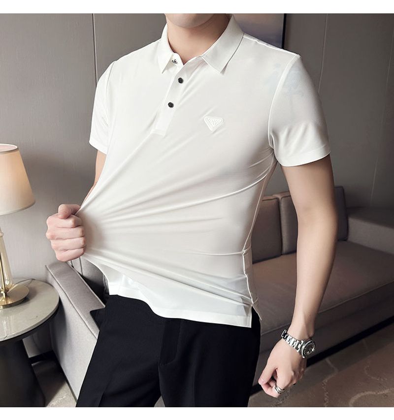Summer Seamless Glue Free Ironing Short Sleeved Polo Shirt Men's Ice Silk Drape Trend Light Luxury Men's Lapel T Shirt_voghion.com
