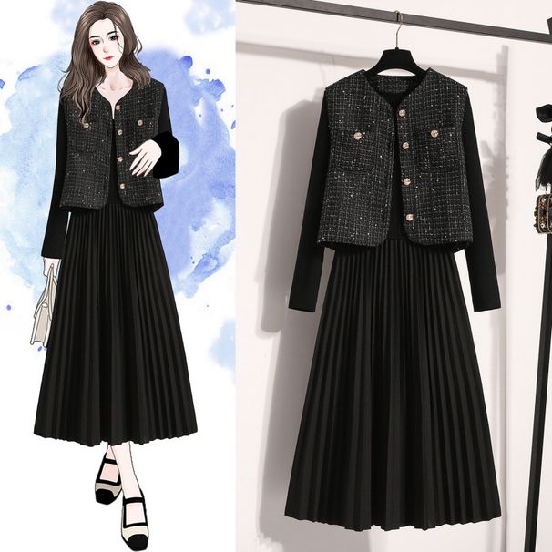 Kleiderset im französischen Stil in Übergröße – Chanel-inspirierte Metallic-Weste und Faltenrock (langärmlig, Herbst/Winter, L/XL/2XL/3XL/4XL)_voghion.com