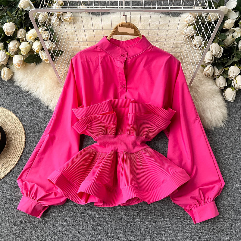 Roupas femininas com design de nicho, babados plissados tridimensionais, cintura fina e tops versáteis de primavera para mulheres_voghion.com