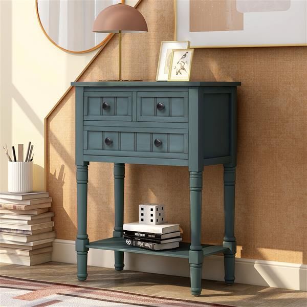 Narrow Console Table, Slim Sofa Table With Three Storage Drawers And Bottom Shelf For Living Room, Easy Assembly (Navy)_voghion.com