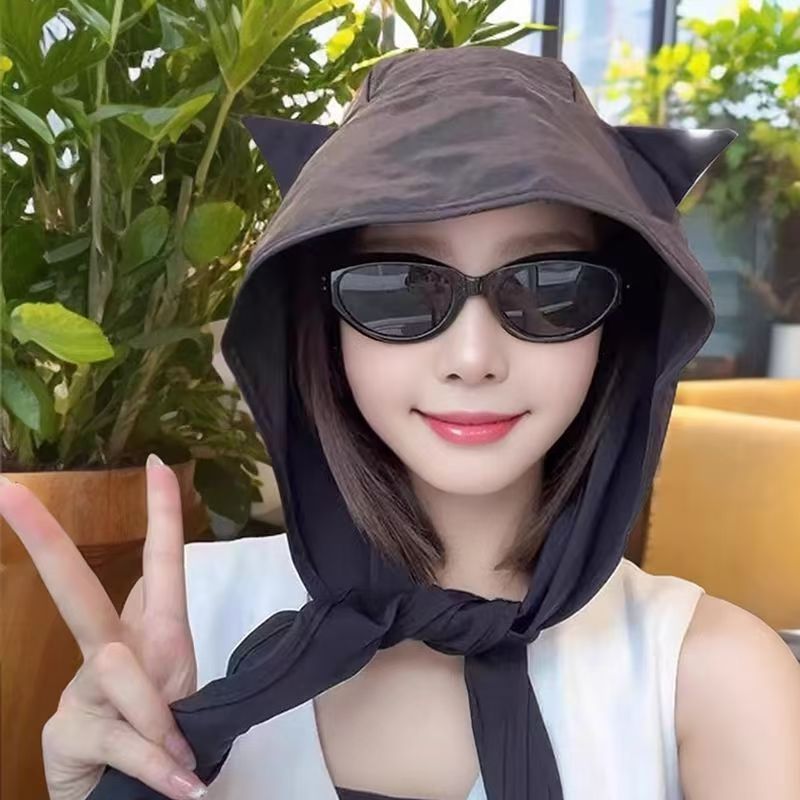 Pulôver com protetor solar de secagem rápida, chapéu de sol feminino, proteção auricular fina, faixa de cabeça com orelhas de gato_voghion.com