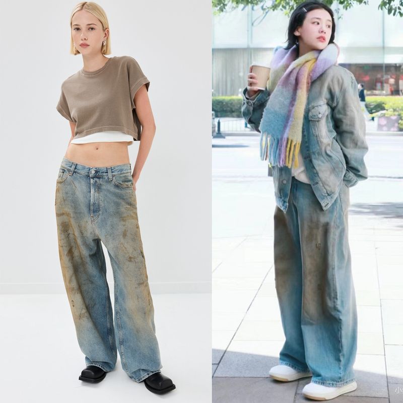 Dammekleedung fréi Hierscht Nei schwedesch AC Ma Sichun Selwechte Stil Héich Taille Breet Been Riichtaus Nostalgesch dreckeg Denim Hosen_voghion.com