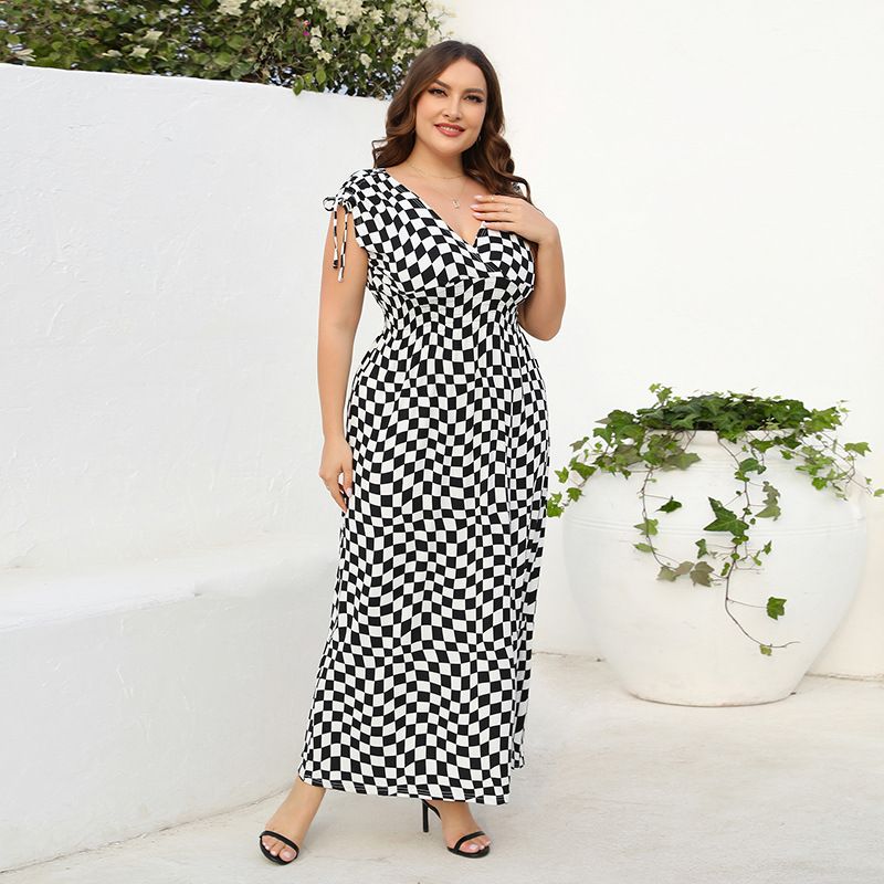 Women's printed V-neck dress for women sexy sleeveless long skirt_voghion.com