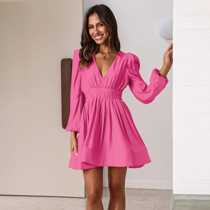 Popular European and American sexy deep V dress, French short skirt, long sleeved high waisted skirt, female manufacturer_voghion.com