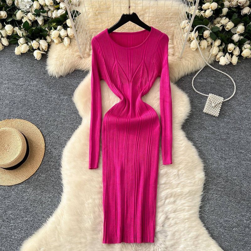 Women's Clothing Simple Sexy Ribbed Slim Hip Wrapped Knitted Dress Autumn Solid Color Bottoming Skirt One Step Skirt_voghion.com