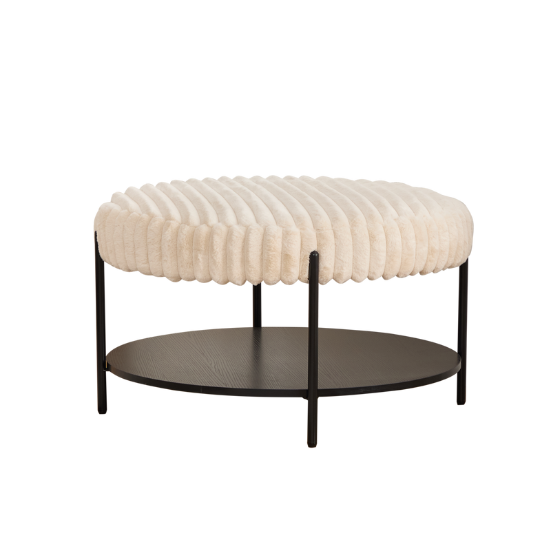 30.9" Wide Upholstered Round Ottoman Coffee Table With Faux Fur Top, Open Wooden Storage Shelf, And Black Metal Legs – Modern Footstool_voghion.com