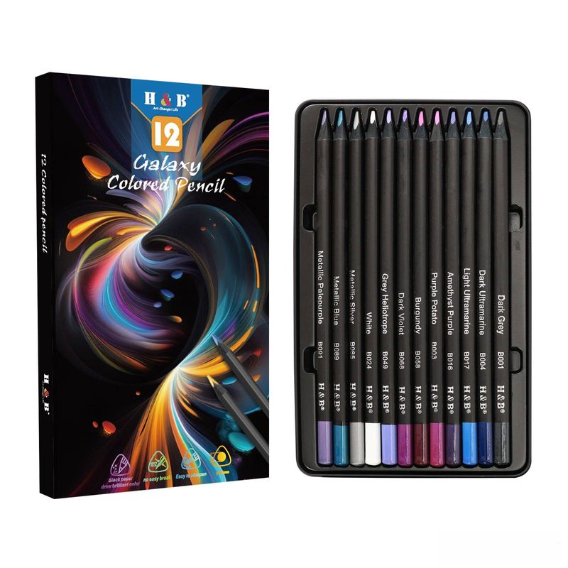 Conjunto profissional de lápis de cor à base de óleo com 12 cores para desenho de retratos e paisagens - Corpo triangular de madeira preta, camadas vibrantes e misturas_voghion.com