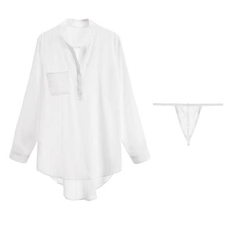 Boyfriend Shirt Sexy Lingerie Hollow Temptation Nightdress Transparent Chiffon Pajamas Sleep Tops Women Sleepwear Sleep Shirt_voghion.com