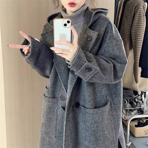 Elegante cappotto in lana in stile Audrey con bottoni in corno per donna, spesso cappotto invernale, giacca lunga in tweed adatta a tutte le taglie_voghion.com