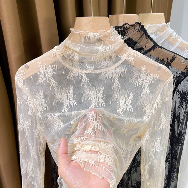 Camicia interna in pizzo con collo alto sottile per abbigliamento da donna, per primavera e autunno, nuova camicia con bordo in rete e fondo a costine_voghion.com