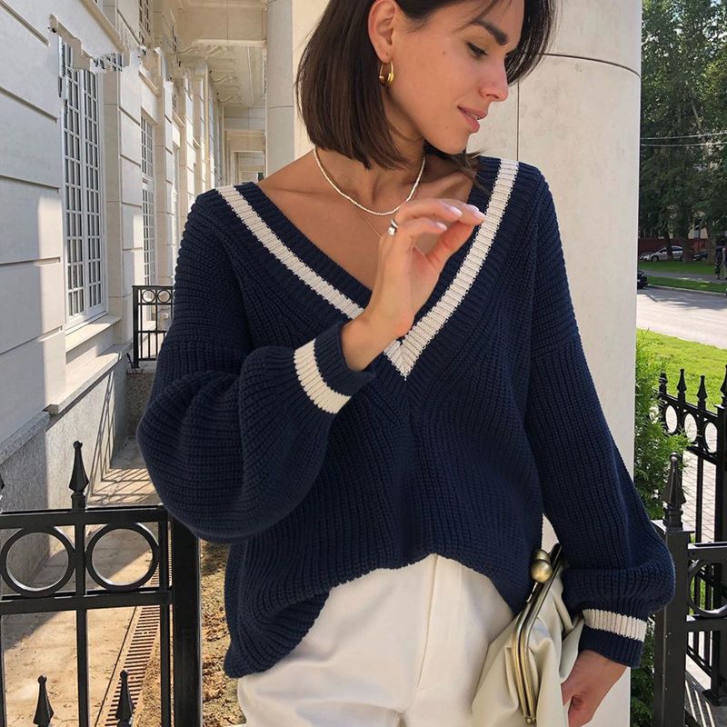 Pull décontracté à manches longues pour femme, coupe ample et amincissante, motif blocs de couleurs, tendance automne-hiver_voghion.com