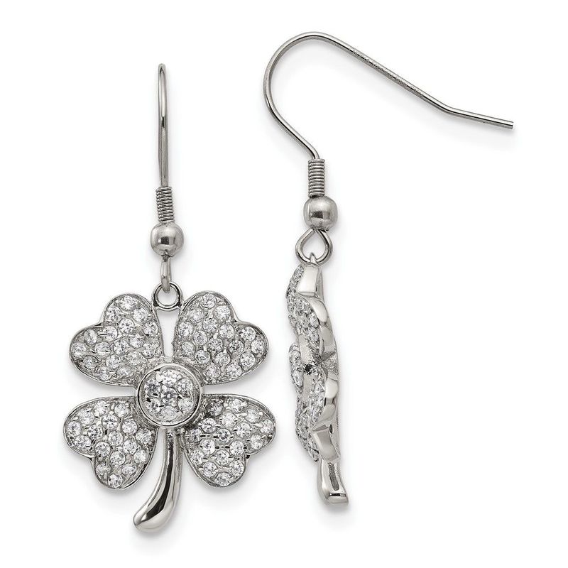 Chisel Stainless Steel Polished With CZ 4-Leaf Clover Dangle Shepherd Hook Earrings_voghion.com