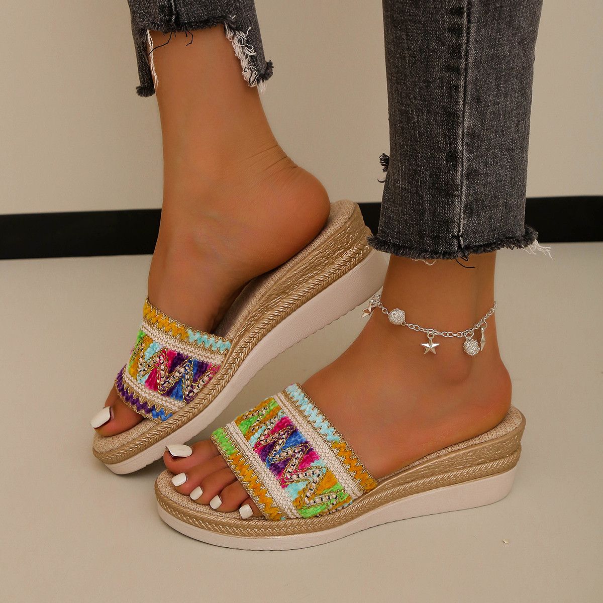 Γυναικεία Παπούτσια με Τακούνι Σφήνας, Έθνικ Στυλ, Χοντρό Πάτο, Ψαρόσουπα, Καλοκαιρινά Παπούτσια Παραλίας, Μεγάλο Μέγεθος, Σχοινί_voghion.com