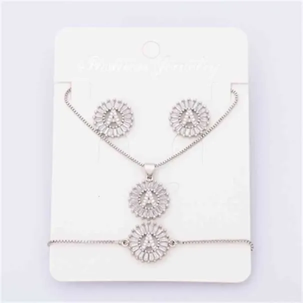 Collana con ciondolo iniziale + orecchini a bottone Bracciale Set Gioielli Rame Zircone Bianco Colore A-z 26 Lettere Alfabeto_voghion.com