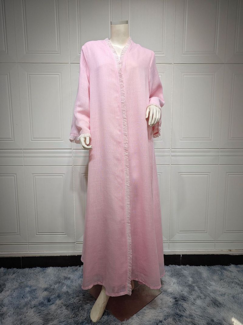 Damenbekleidung Naher Osten einfarbig bescheidener langer Rock moderne Mode Baumwolle und Leinen Strickjacke äußerer Mantel Moslem Abaya_voghion.com